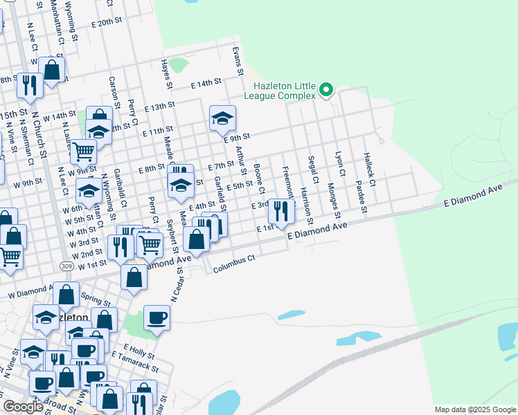 map of restaurants, bars, coffee shops, grocery stores, and more near 545 Arthur St in Hazleton