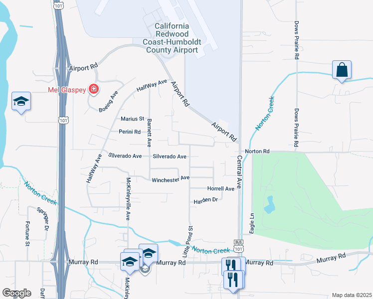 map of restaurants, bars, coffee shops, grocery stores, and more near 3200 Little Pond Street in McKinleyville
