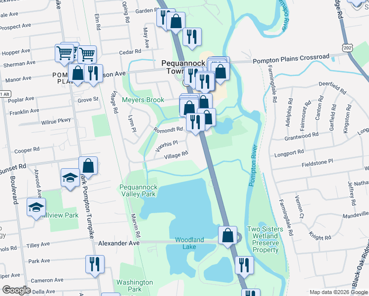 map of restaurants, bars, coffee shops, grocery stores, and more near 93 Village Road in Pequannock Township
