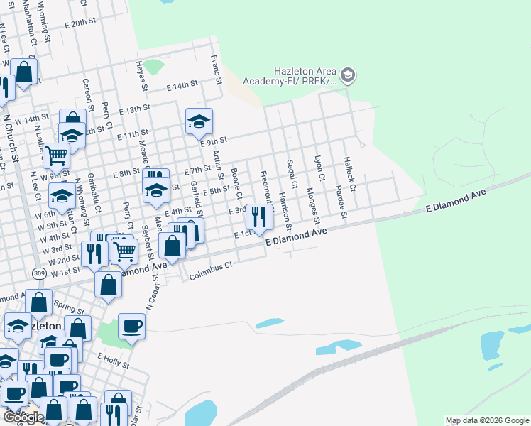 map of restaurants, bars, coffee shops, grocery stores, and more near 548 Cleveland Street in Hazleton