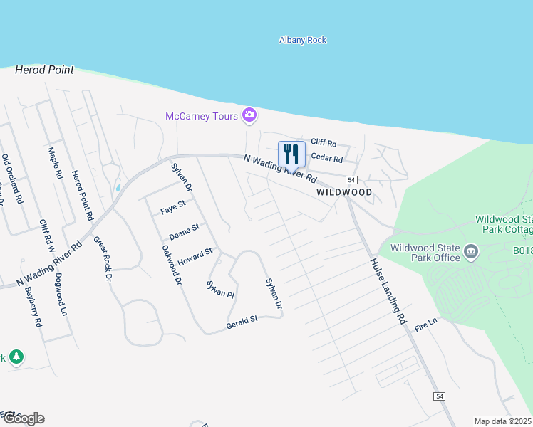 map of restaurants, bars, coffee shops, grocery stores, and more near 255 Hulse Avenue in Wading River