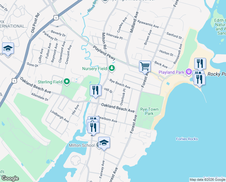 map of restaurants, bars, coffee shops, grocery stores, and more near 21 Hill Street in Rye