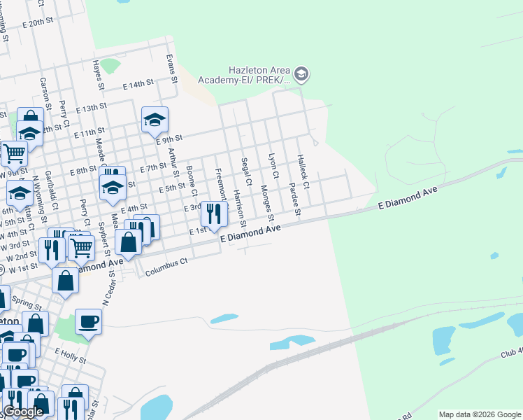 map of restaurants, bars, coffee shops, grocery stores, and more near 544 Segal Ct in Hazleton