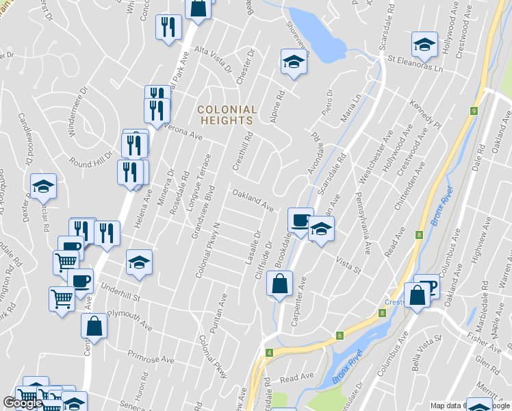 map of restaurants, bars, coffee shops, grocery stores, and more near 48 Oakland Avenue in Yonkers