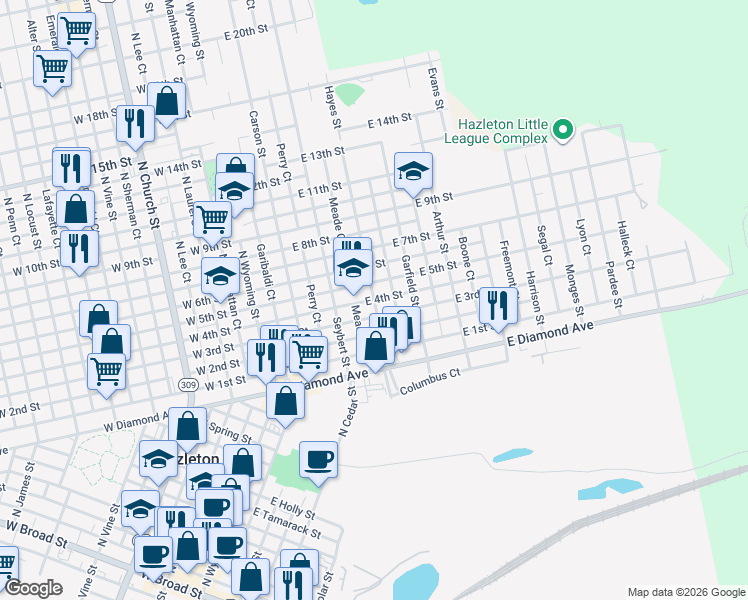 map of restaurants, bars, coffee shops, grocery stores, and more near East 4th Street in Hazleton