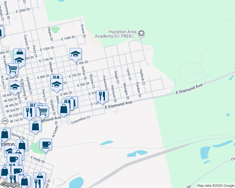 map of restaurants, bars, coffee shops, grocery stores, and more near 544 Segal Ct in Hazleton