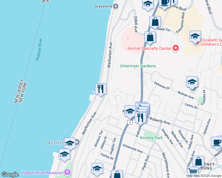 map of restaurants, bars, coffee shops, grocery stores, and more near 77 Rudolph Terrace in Yonkers
