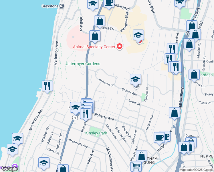 map of restaurants, bars, coffee shops, grocery stores, and more near 24 Dehaven Drive in Yonkers