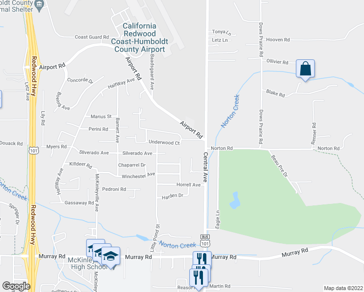 map of restaurants, bars, coffee shops, grocery stores, and more near 1514 Underwood Road in McKinleyville