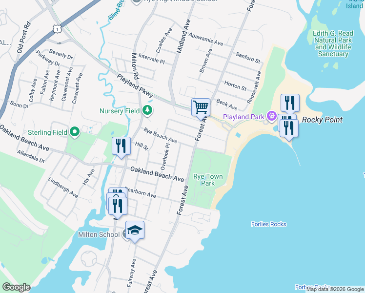 map of restaurants, bars, coffee shops, grocery stores, and more near 350 Rye Beach Avenue in Rye