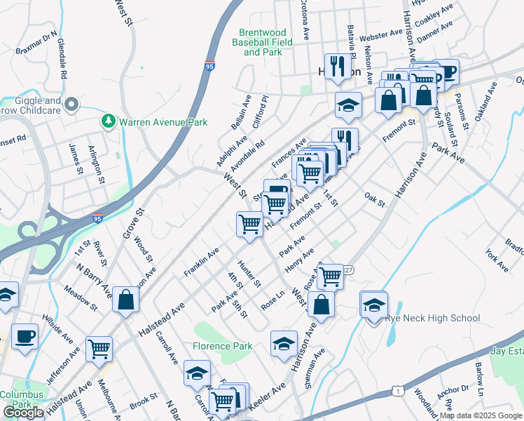 map of restaurants, bars, coffee shops, grocery stores, and more near 59 Franklin Avenue in Harrison