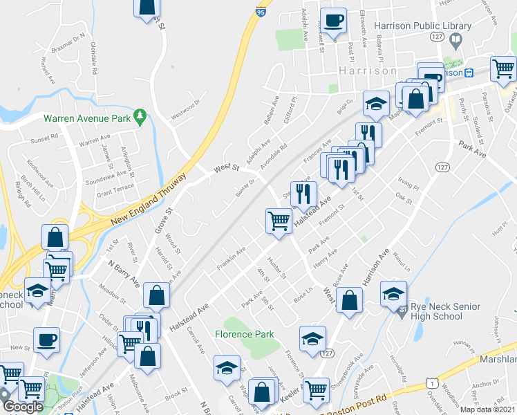 map of restaurants, bars, coffee shops, grocery stores, and more near 70 West Street in Harrison