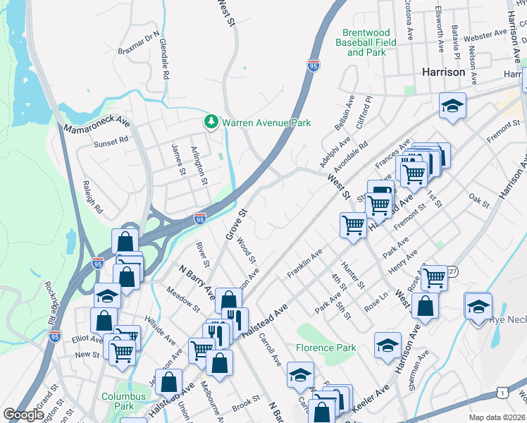 map of restaurants, bars, coffee shops, grocery stores, and more near 9 Sunny Hill Drive in Harrison