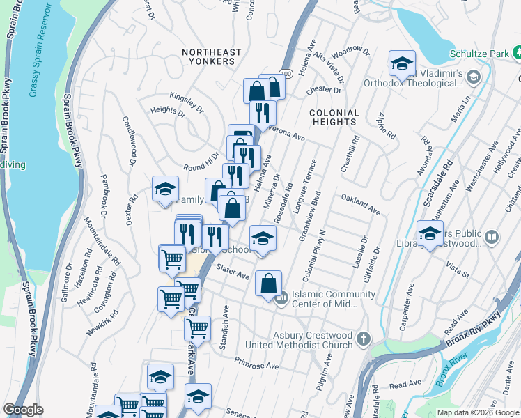 map of restaurants, bars, coffee shops, grocery stores, and more near 47 Minerva Drive in Yonkers