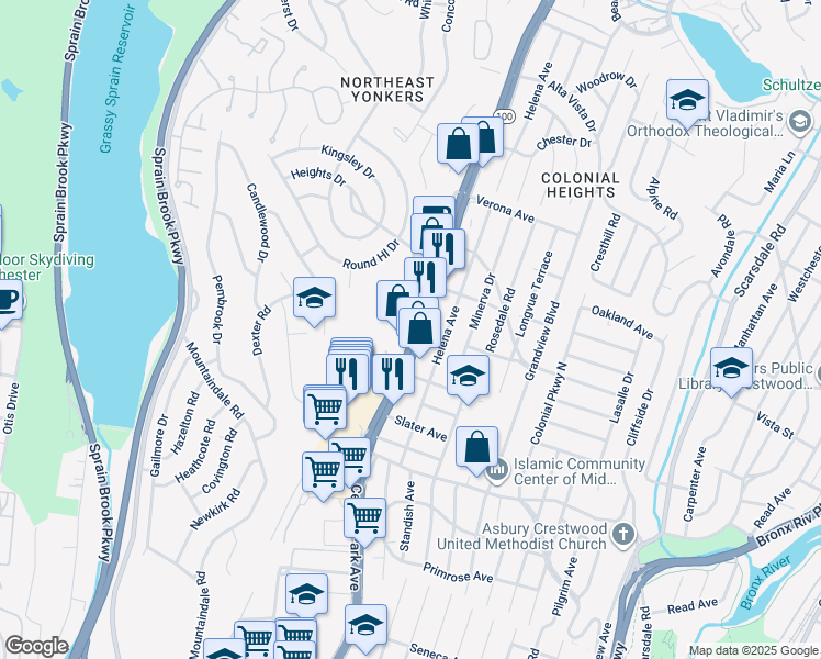 map of restaurants, bars, coffee shops, grocery stores, and more near 1900 Central Park Avenue in Yonkers