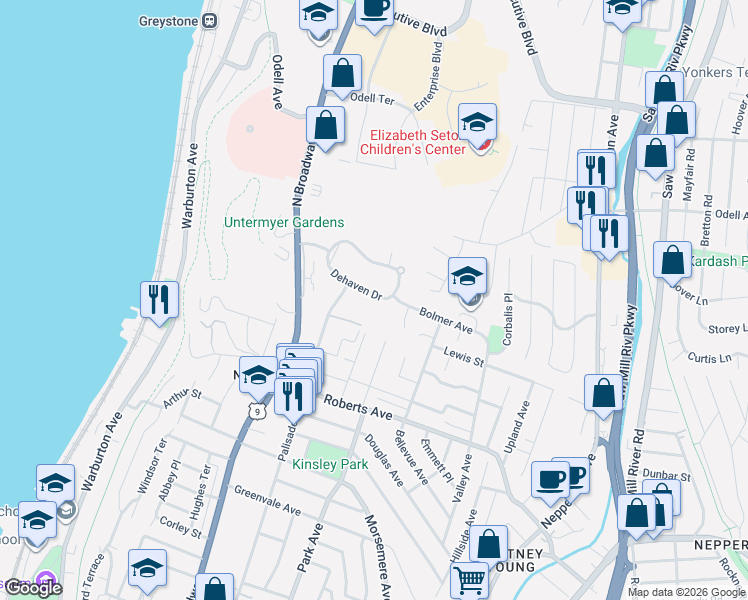 map of restaurants, bars, coffee shops, grocery stores, and more near 24 Dehaven Drive in Yonkers