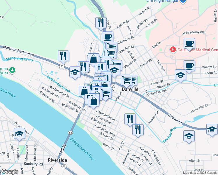 map of restaurants, bars, coffee shops, grocery stores, and more near 21 Lower Mulberry Street in Danville