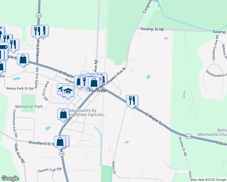 map of restaurants, bars, coffee shops, grocery stores, and more near 232 High Street Northeast in Hartville