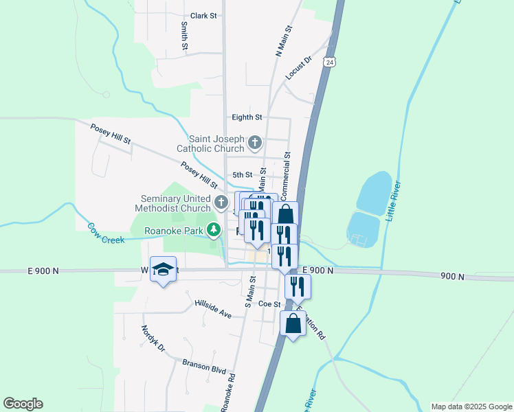 map of restaurants, bars, coffee shops, grocery stores, and more near 148 W 3rd Street in Roanoke