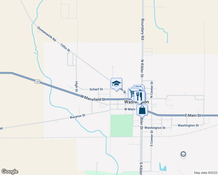 map of restaurants, bars, coffee shops, grocery stores, and more near 502 Scharf Street in New Washington