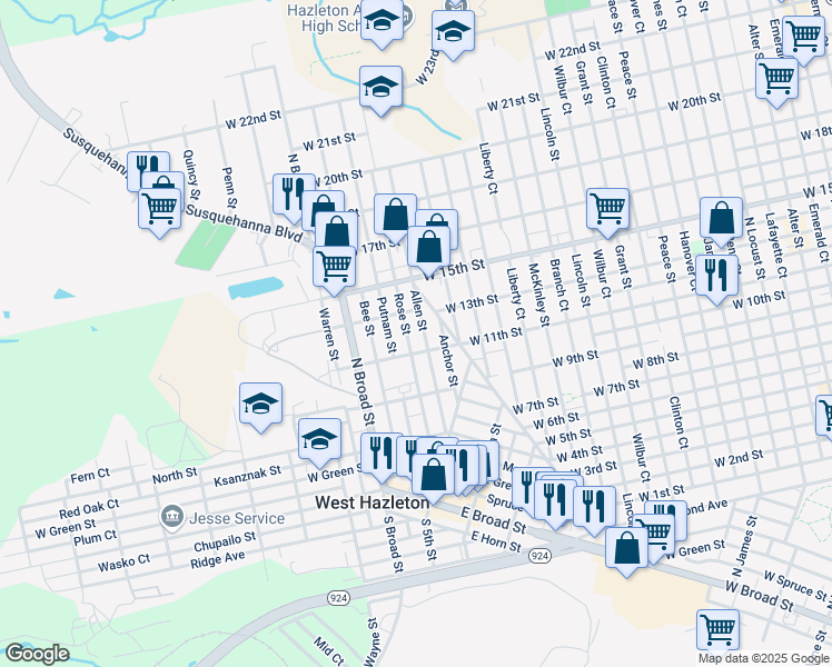 map of restaurants, bars, coffee shops, grocery stores, and more near 418 Allen Street in West Hazleton