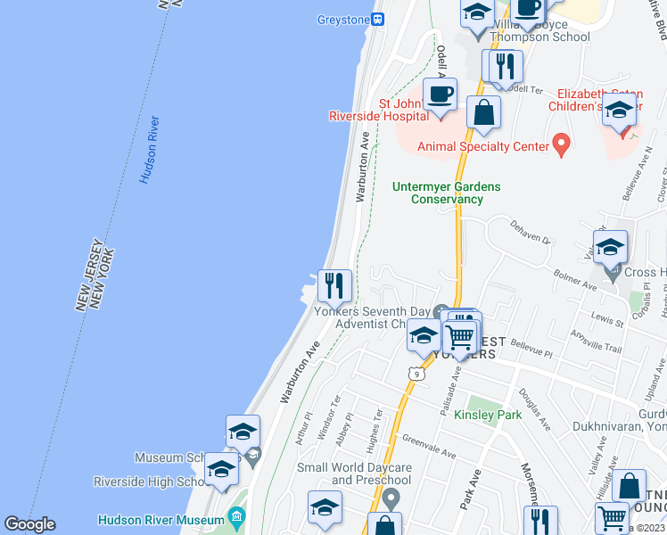 map of restaurants, bars, coffee shops, grocery stores, and more near 789 Warburton Avenue in Yonkers