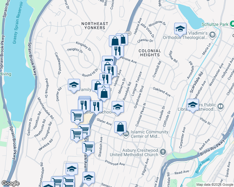 map of restaurants, bars, coffee shops, grocery stores, and more near 47 Minerva Drive in Yonkers