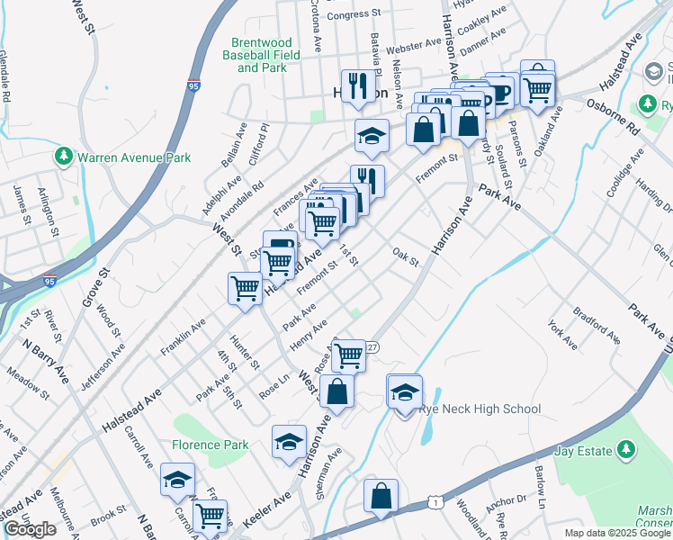 map of restaurants, bars, coffee shops, grocery stores, and more near 79 Fremont Street in Harrison