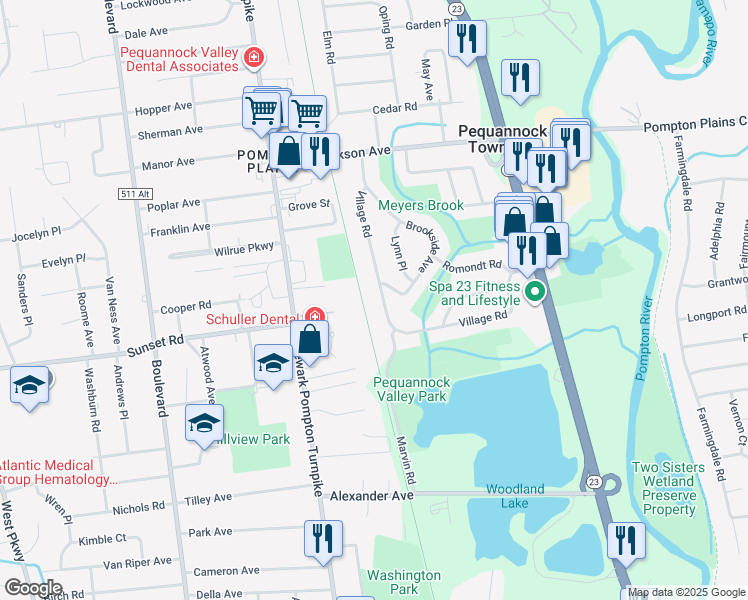map of restaurants, bars, coffee shops, grocery stores, and more near 44 Village Road in Pequannock Township