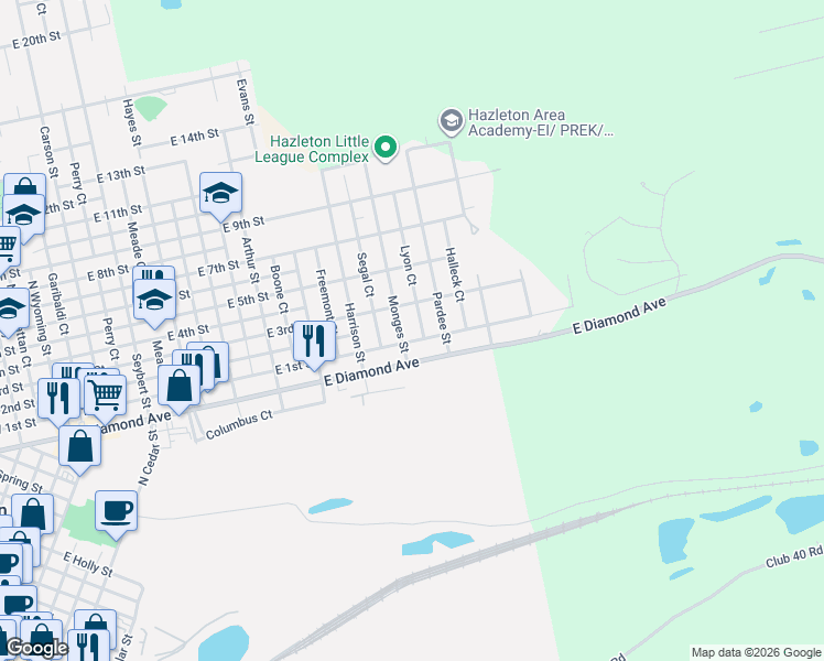 map of restaurants, bars, coffee shops, grocery stores, and more near 522 Pardee Street in Hazleton