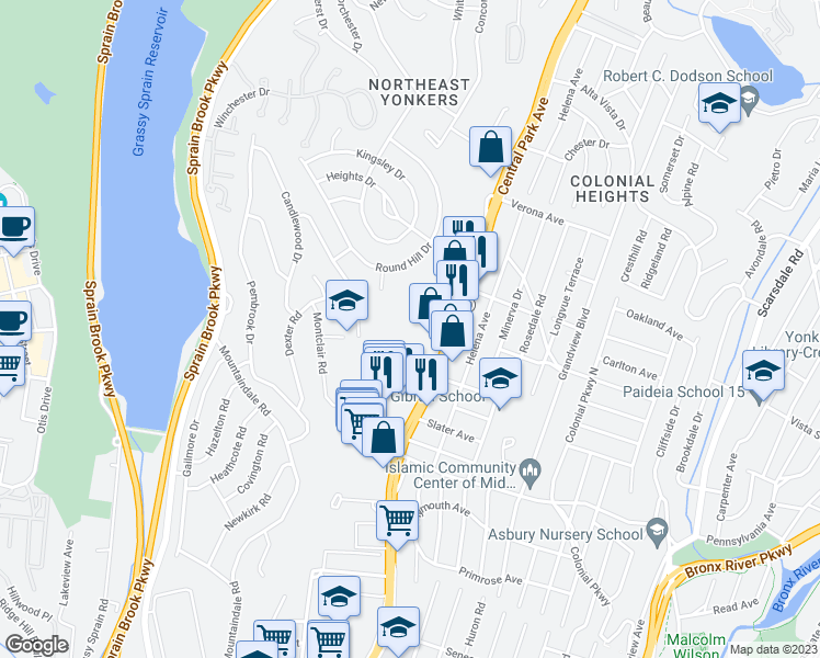 map of restaurants, bars, coffee shops, grocery stores, and more near 1857 Central Park Avenue in Yonkers