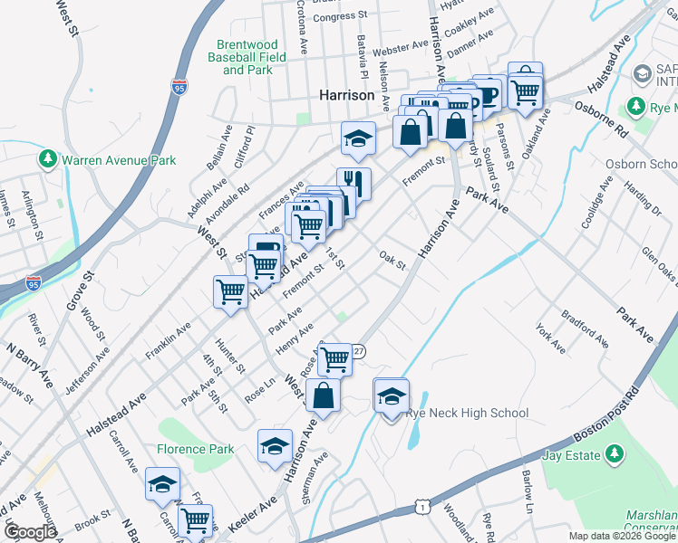 map of restaurants, bars, coffee shops, grocery stores, and more near 89 Park Avenue in Harrison