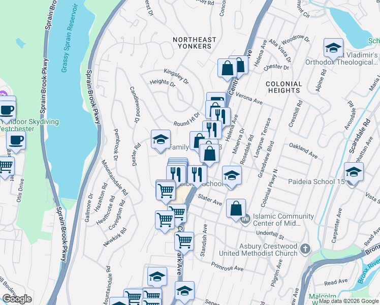 map of restaurants, bars, coffee shops, grocery stores, and more near 1853 Central Park Avenue in Yonkers