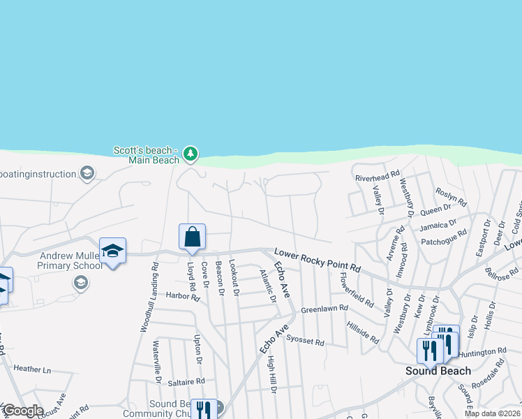 map of restaurants, bars, coffee shops, grocery stores, and more near 43 Hilltop Drive in Sound Beach