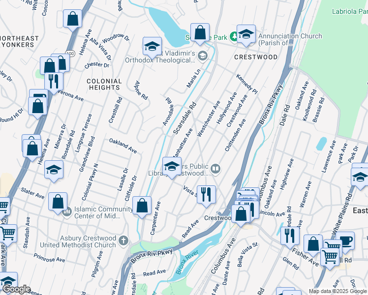 map of restaurants, bars, coffee shops, grocery stores, and more near 254 Westchester Avenue in Yonkers