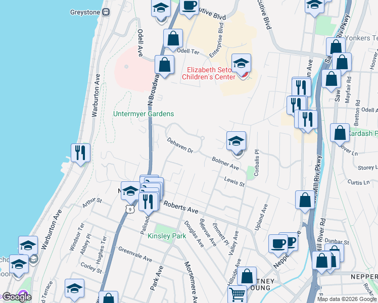 map of restaurants, bars, coffee shops, grocery stores, and more near 24 Dehaven Drive in Yonkers