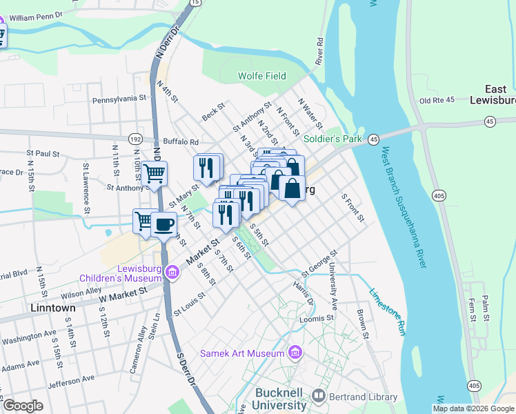 map of restaurants, bars, coffee shops, grocery stores, and more near 430 Market Street in Lewisburg