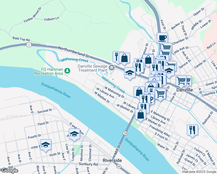 map of restaurants, bars, coffee shops, grocery stores, and more near 459 West Mahoning Street in Danville