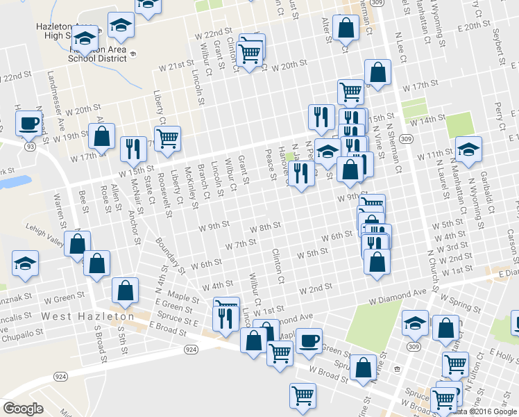 map of restaurants, bars, coffee shops, grocery stores, and more near 695 Grant Street in Hazleton