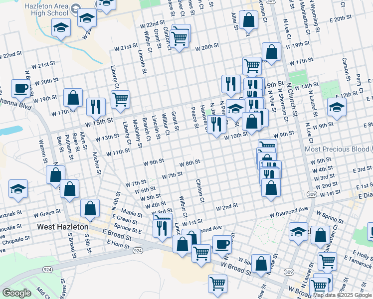 map of restaurants, bars, coffee shops, grocery stores, and more near 695 Grant Street in Hazleton