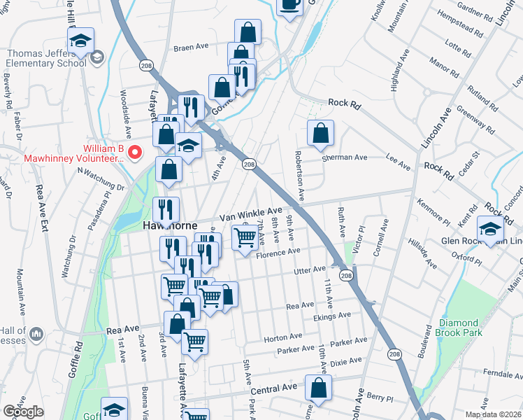 map of restaurants, bars, coffee shops, grocery stores, and more near 213 Van Winkle Avenue in Hawthorne