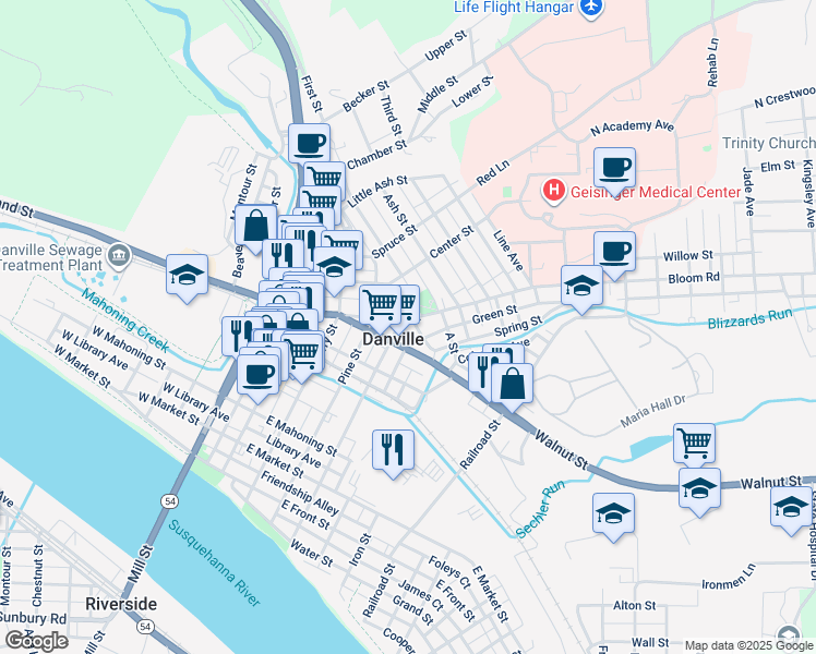 map of restaurants, bars, coffee shops, grocery stores, and more near 314 Bloom Street in Danville