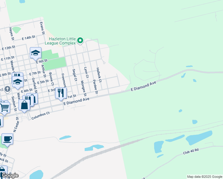 map of restaurants, bars, coffee shops, grocery stores, and more near 1005 East Diamond Avenue in Hazleton