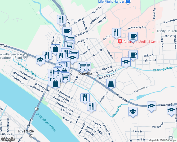 map of restaurants, bars, coffee shops, grocery stores, and more near 314 Bloom Street in Danville