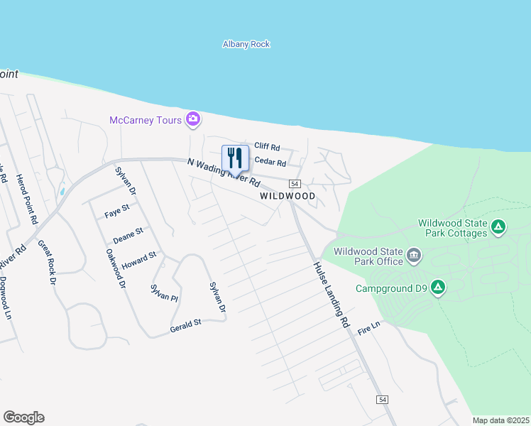 map of restaurants, bars, coffee shops, grocery stores, and more near 16 Wildwood Road in Wading River