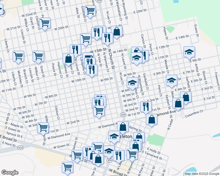 map of restaurants, bars, coffee shops, grocery stores, and more near 626 North Church Street in Hazleton