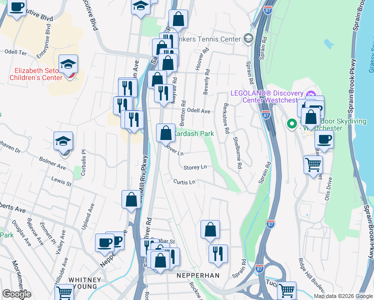 map of restaurants, bars, coffee shops, grocery stores, and more near 28 Dover Lane in Yonkers