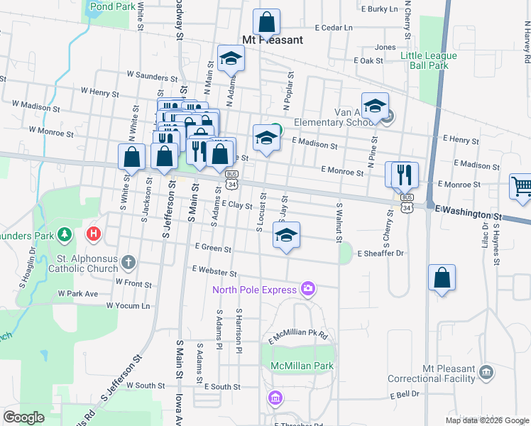 map of restaurants, bars, coffee shops, grocery stores, and more near 300 South Locust Street in Mount Pleasant