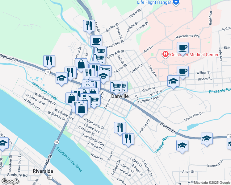 map of restaurants, bars, coffee shops, grocery stores, and more near 649 Pine Street in Danville