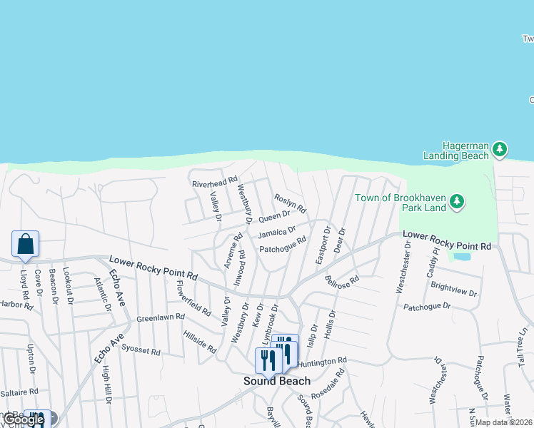 map of restaurants, bars, coffee shops, grocery stores, and more near 34 Queen Drive in Sound Beach